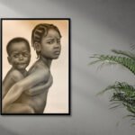 “In Her Arms, His World.” A delicate pencil sketch capturing the strength and innocence of a young girl carrying her baby brother — a quiet moment of love and responsibility.